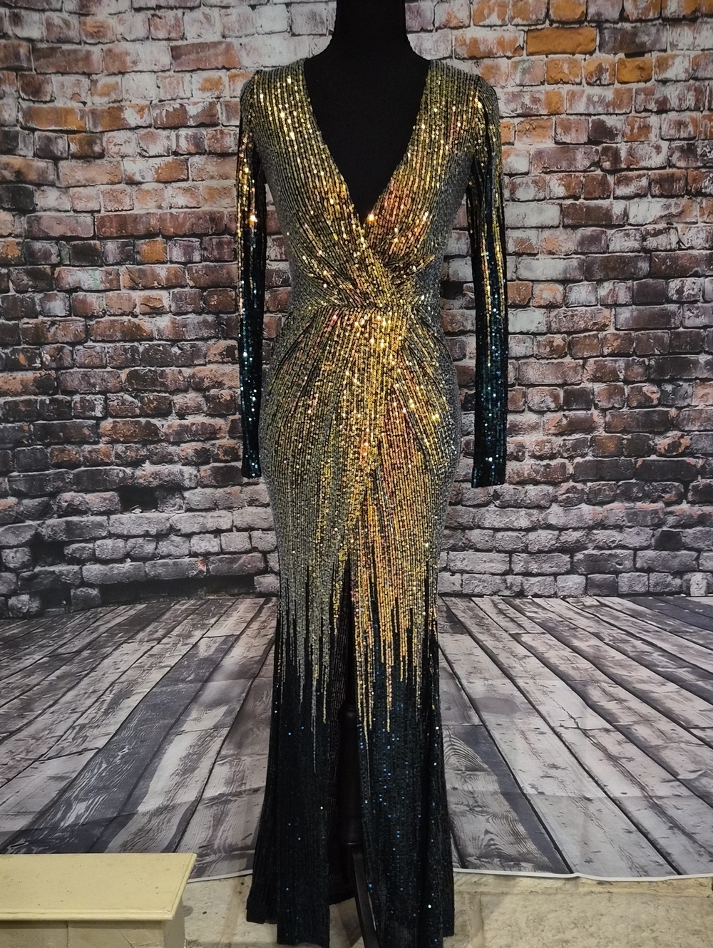 Fashion Nova Gold and Black Sequin Long-Sleeve V-Neck Gown